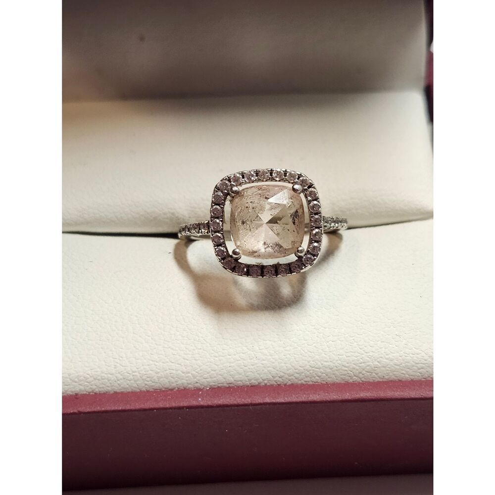 Light Pink Peach Cushion-Cut Halo Ring Sterling Silver Size 6